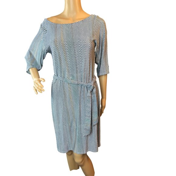 Leota Womens Belted Swing Dress Small Navy/White Chevron Nautical Old Money - Picture 1 of 5